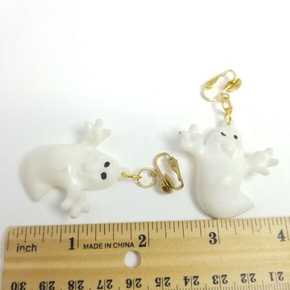 Vintage Ghost Shaped Clip On Earrings, Dangle, 80s Halloween Style, Spooky - Picture 3 of 5